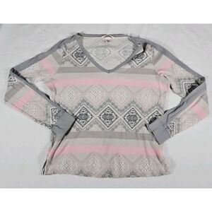 Vintage Victoria's Secret S Women Thermal Shirt V-Neck Diamond Pattern Gray Pink